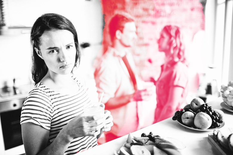 Annoyed looking woman standing in front of her boyfriend and his twin sister.